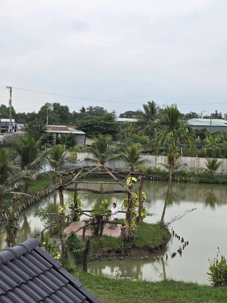 Điểm nhấn của nhà vườn là ao cá rộng hơn 1.000m2. Giữa ao, Tạ Minh Tâm dựng nhà chòi - chỗ nghỉ chân yêu thích của gia đình cũng như các đồng nghiệp từng đến chơi.