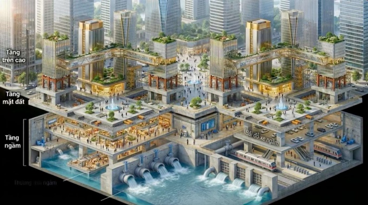 Phối cảnh phát triển Thủ đô Hà Nội theo mô hình đa tầng, đa lớp, theo đồ án Quy hoạch tổng thể Thủ đô Hà Nội tầm nhìn 100 năm.