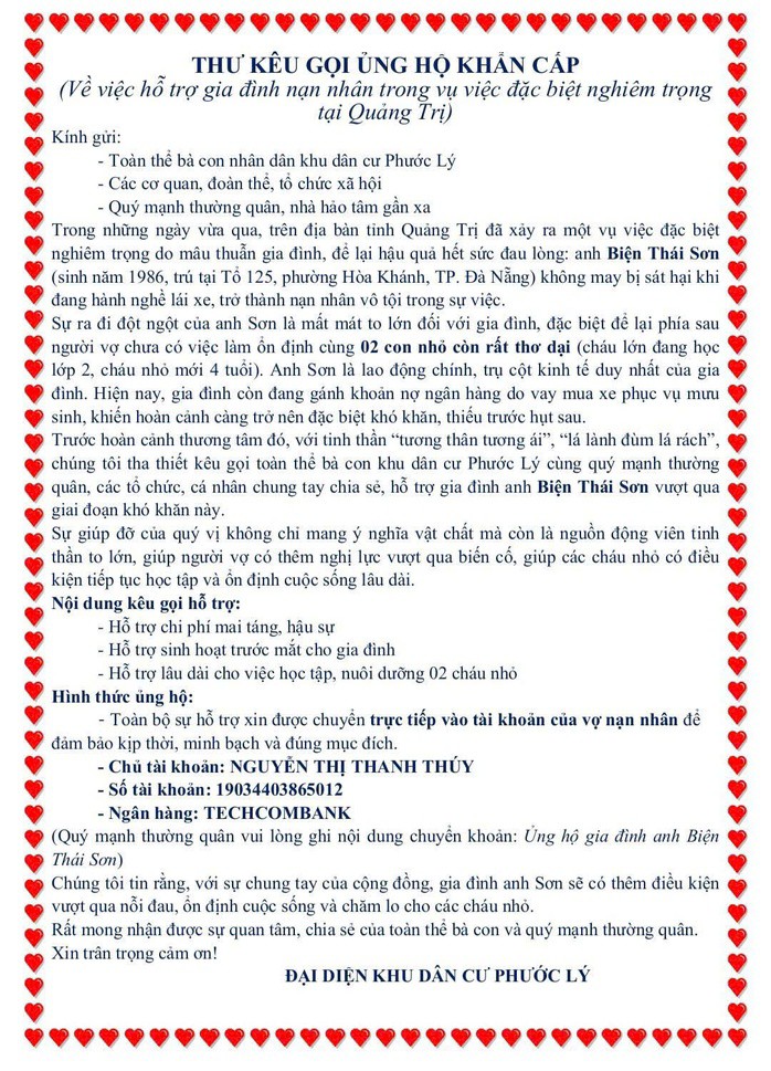 Thư kêu gọi của khu dân cư Phước Lý, phường Hoà Khánh