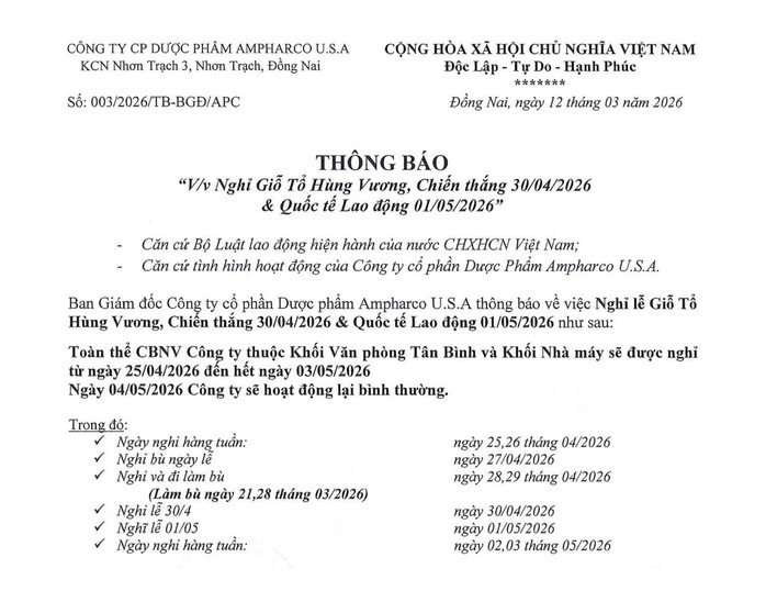 Thông báo được Công ty CP Dược phẩm Ampharco U.S.A gửi đến toàn thể người lao động