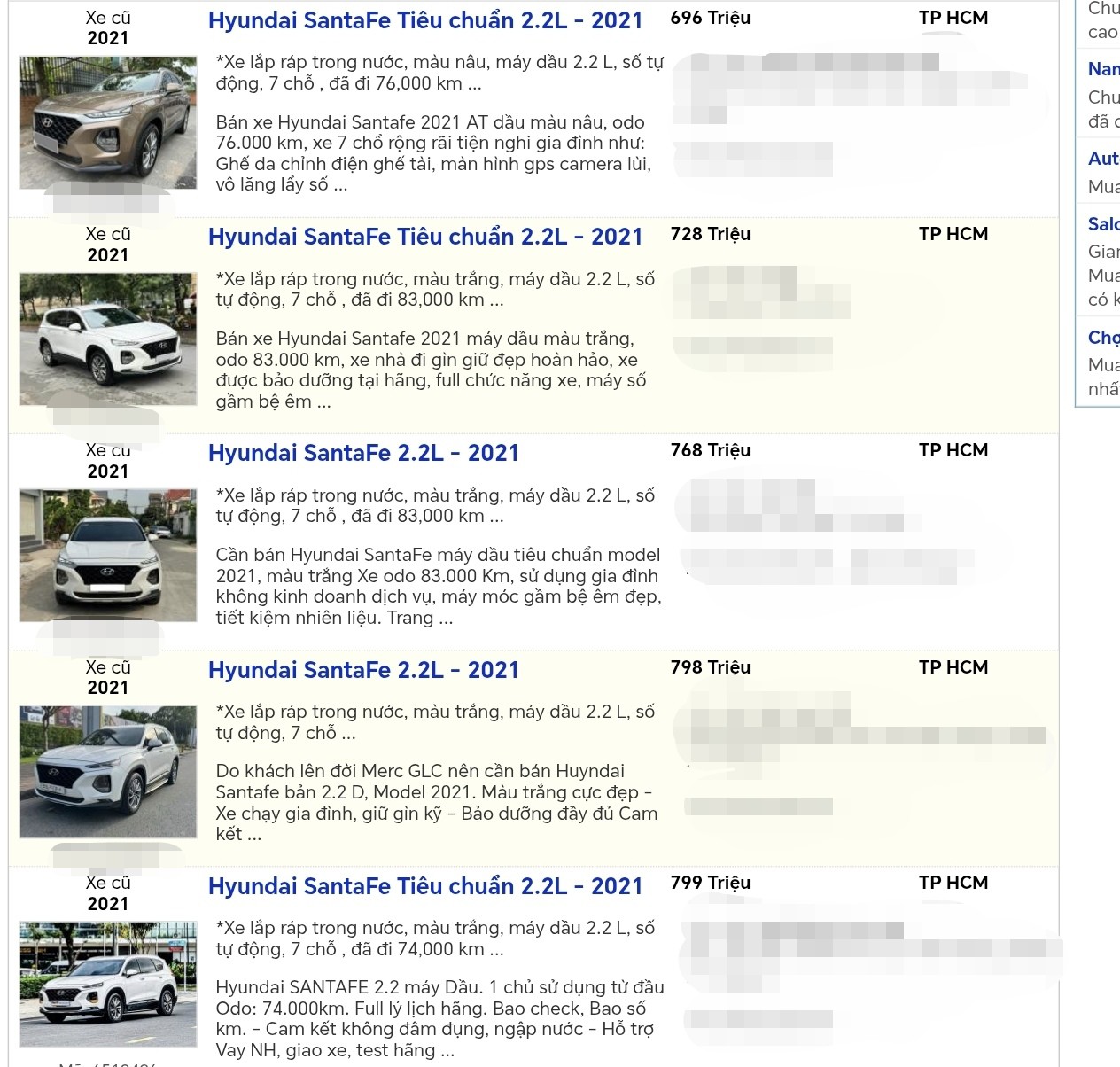 Một số tin rao bán Hyundai SantaFe máy dầu đời 2021 tại TP.HCM.