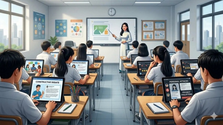 Việc giáo dục kỹ năng số, từ nhà trường đến gia đình, cần được coi là một nền tảng lâu dài (Ảnh minh họa - Gemini AI).