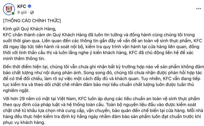 KFC lên tiếng trước phản ánh trên vào tối 29-3