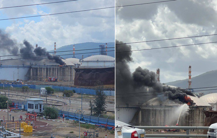 Các hình ảnh được cho là nhà máy lọc dầu Bazan ở TP Haifa - Israel bị cháy hôm 30-3, sau cuộc không kích của Iran và Hezbollah - Ảnh: X