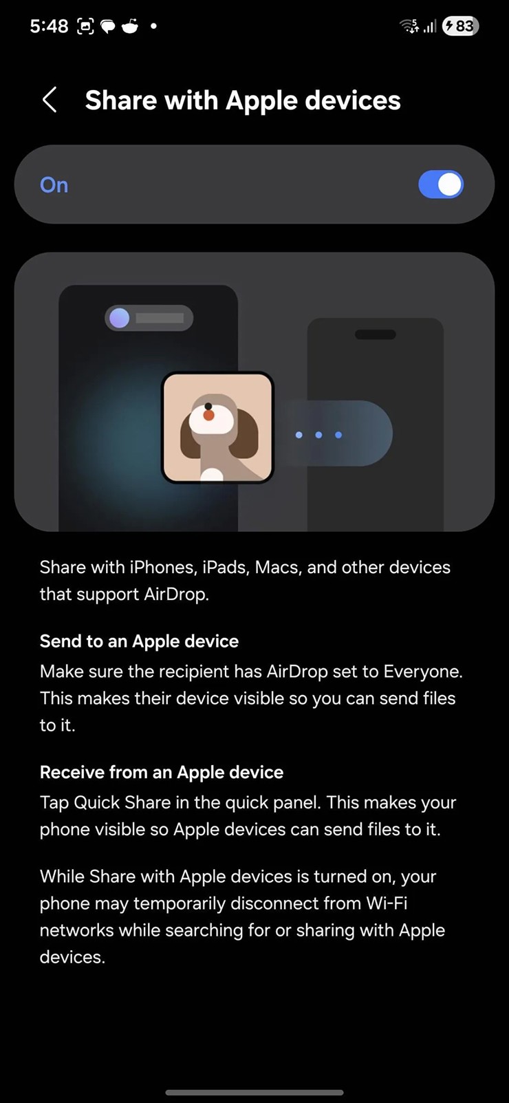 Việc bật/tắt tính năng&nbsp;Share with Apple devices là&nbsp;chưa thể ở thời điểm hiện tại.