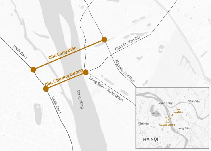Khoảng cách giữa hai cầu Long Biên và Chương Dương khoảng một km. Đồ họa: Hoàng Thanh