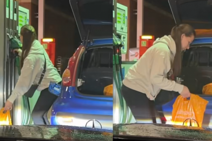 Nữ tài xế bơm xăng vào túi nilon để tích trữ