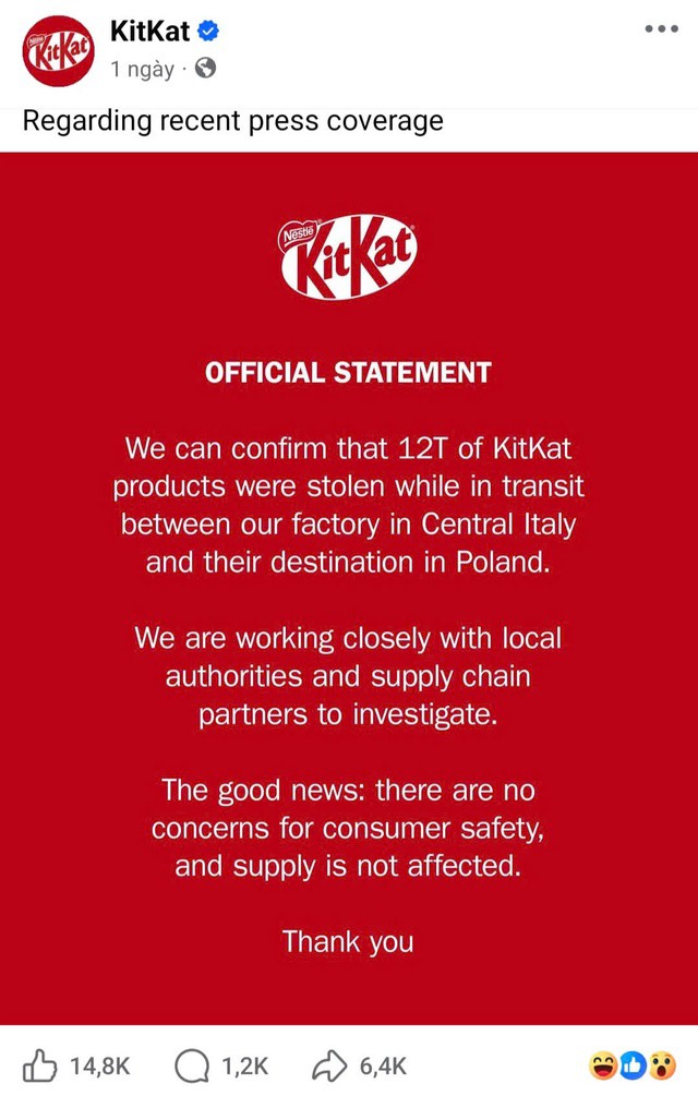 Thông báo lô hàng bị trộm của KitKat đang gây sốt trên mạng