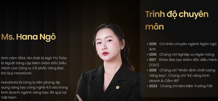 Thông tin về bà Ngô Thị Thảo (Hana Ngô). Nguồn: Hana Gold