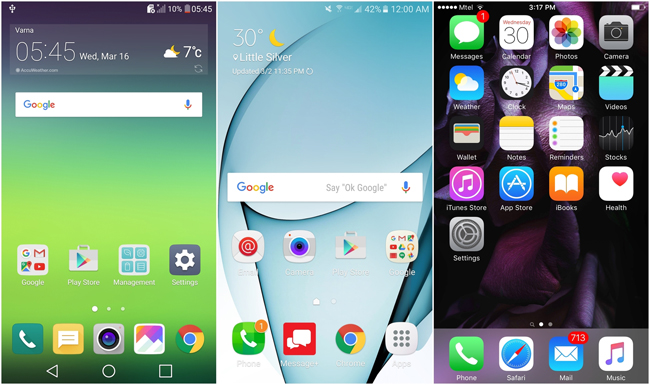 2. Giao diện màn hình chính

LG G5 &#40;LG UX&#41; bên trái

Samsung Galaxy S7 &#40;TouchWiz&#41; ở giữa

Apple iPhone 6s &#40;iOS 9&#41; bên phải