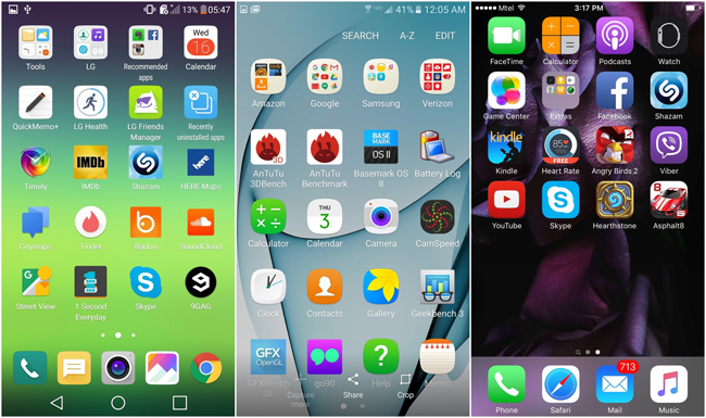 3. Ứng dụng

LG G5 &#40;LG UX&#41; bên trái

Samsung Galaxy S7 &#40;TouchWiz&#41; ở giữa

Apple iPhone 6s &#40;iOS 9&#41; bên phải