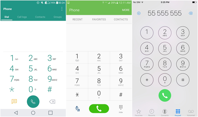 7. Giao diện bàn phím số

LG G5 &#40;LG UX&#41; bên trái

Samsung Galaxy S7 &#40;TouchWiz&#41; ở giữa

Apple iPhone 6s &#40;iOS 9&#41; bên phải