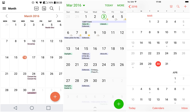16. Lịch

LG G5 &#40;LG UX&#41; bên trái

Samsung Galaxy S7 &#40;TouchWiz&#41; ở giữa

Apple iPhone 6s &#40;iOS 9&#41; bên phải