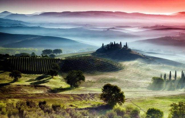 Vùng Toscana ở Italia nổi tiếng với thung lũng xanh mướt, biệt thự cổ, cánh đồng nho và những món ăn hấp dẫn.