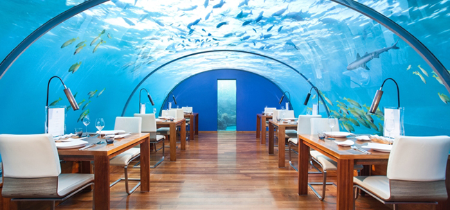 4. Nhà hàng Ithaa dưới đáy biển Maldives:&nbsp;Là một nơi không dành cho người mắc chứng sợ nước hay không gian hẹp, nhà hàng dưới nước đầu tiên trên thế giới này nằm sâu 5 mét dưới đáy biển đảo Conrad Maldives Rangali.
