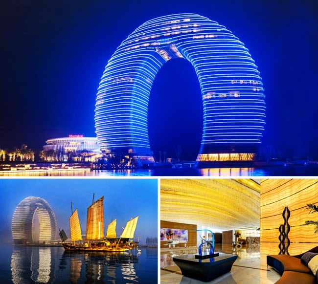 Sheraton Hồ Châu, Trung Quốc: Khách sạn sang trọng này có hình dạng cực kỳ đặc biệt, với 27 tầng bao gồm 2 tầng ngập dưới nưới. Đây cũng là một trong số 10 khách&nbsp;sạn đắt đỏ nhất thế giới.