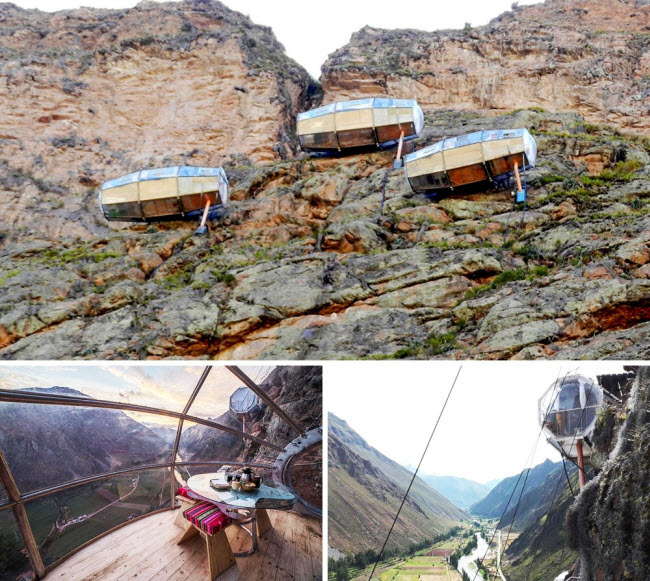 Skylodge Adventure Suites, Peru: Khách sạn độc đáo này bao gồm 3 khoang trong suốt được đặt trên vách núi dựng đứng cách mặt đất 120m ở Cusco, Peru. Thiết kế của khách sạn cho phép du khách có thể chiêm ngưỡng phong cảnh thung lũng phía dưới.