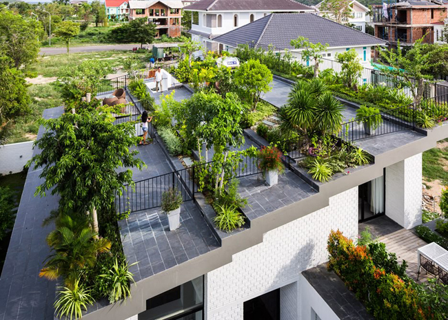 Mái nhà được chia thành nhiều nhịp, xếp tầng như bậc thang, được phủ xanh các loại cây cảnh vô cùng độc đáo.