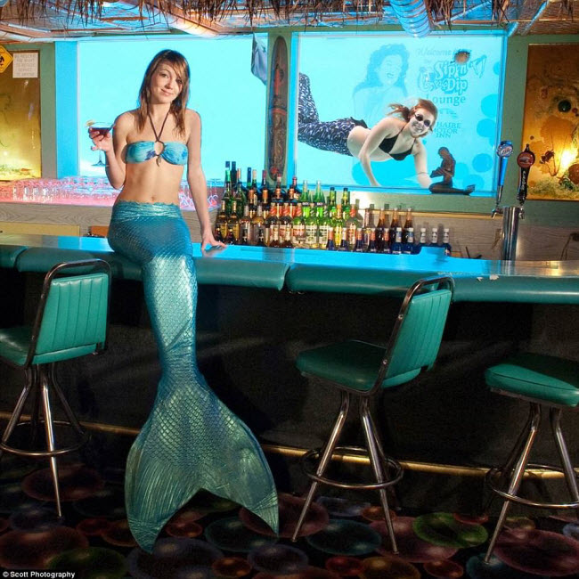 Sip &#39;n Dip Lounge, Mỹ: Quán bar ở thành phố Great Falls thuộc bang Montana có hình thức giải trí vô cùng độc đáo, với “các nàng tiêng cá” bơi trong bể kính. Màn trình diễn ấn tượng này được tổ chức vào 5 đêm mỗi tuần.