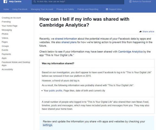 Hướng dẫn kiểm tra thông tin cá nhân trên Facebook bị phát tán trong vụ Cambridge Analytica - 1