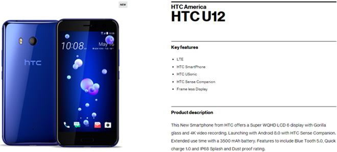 HTC U12 xuất hiện với viền “siêu mỏng”, pin 3.500 mAh - 1
