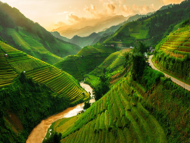Mù Cang Chải, Việt Nam: Mù Cang Chải là nơi có những cánh đồng ruộng bậc thang xanh mát. Đến đây, bạn sẽ cảm thấy như bước vào một bức tranh. Tùy thuộc vào tháng mà màu sắc của ruộng lúa sẽ thay đổi từ xanh lục sang vàng đến nâu nhạt.