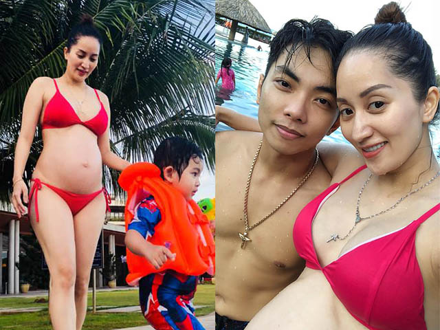 Khánh Thi bầu 8 tháng vẫn diện bikini du lịch cùng chồng con