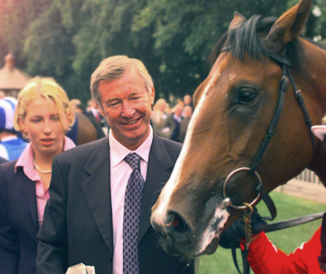 Sir Alex Ferguson với chú ngựa yêu quý Zentsov Street. Ngoài bóng đá, cựu HLV MU còn rất yêu thích đua ngựa.
