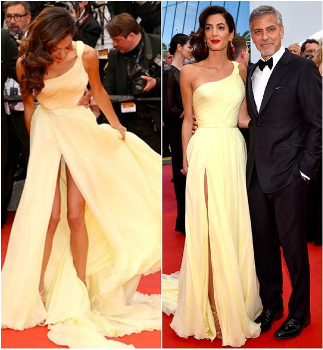 Amal Clooney có lẽ ước mình nên chọn bộ váy xẻ thấp hơn bởi chiếc đầm này khiến cô lúng túng thực sự.