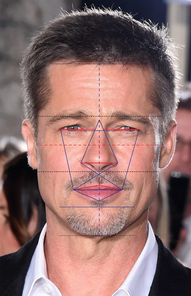 Khuôn mặt của Brad có tỷ lệ 90.5. Anh cũng là người có tỷ lệ mắt đẹp thứ 3 với 97.75% và khuôn mặt cũng đẹp thứ 3 với 92.9%.