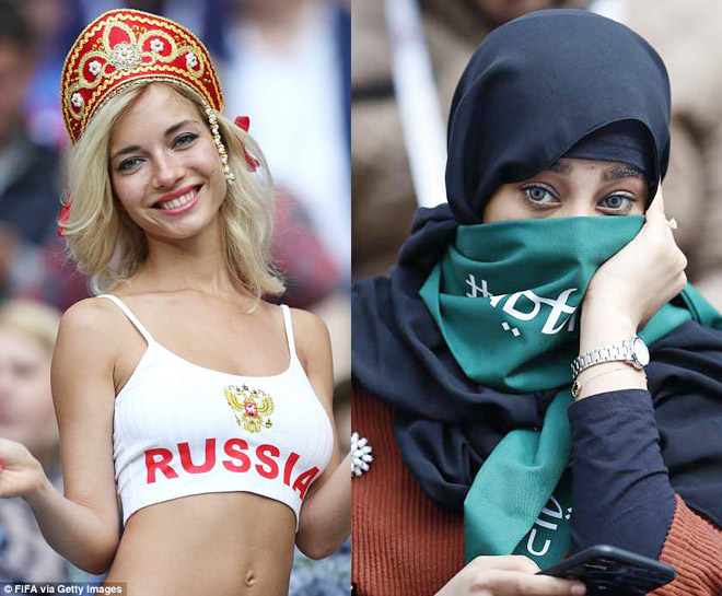 Khai mạc World Cup: Fan nữ nước Nga mặc gợi cảm, Ả Rập Saudi kín như bưng - 1
