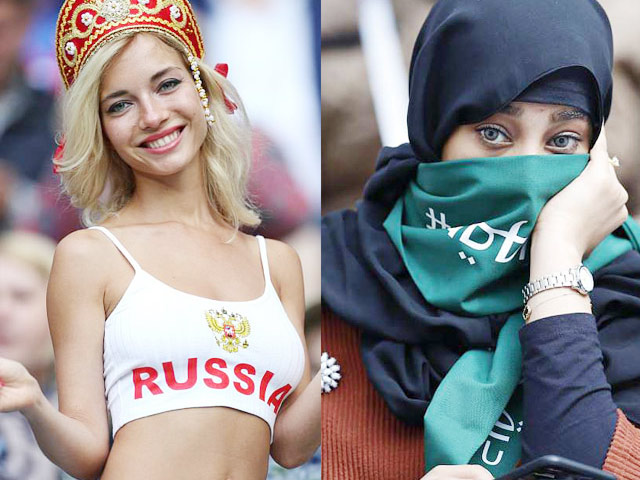 Cổ vũ World Cup: Gái đẹp nước Nga gợi cảm mê hồn, Ả Rập Saudi kín như bưng