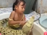 Media - Kinh ngạc: Bé gái thản nhiên ngồi chải &quot;bộ nhá&quot; cho cá sấu