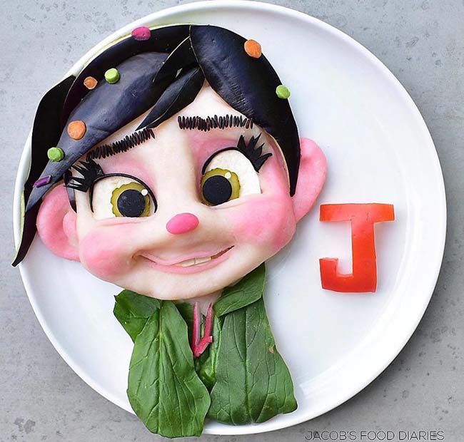 Vanellope Von Schweetz "Wreck It Ralph" từ khoai tây nghiền, cà tím, rau diếp, dưa chua, ớt đỏ.