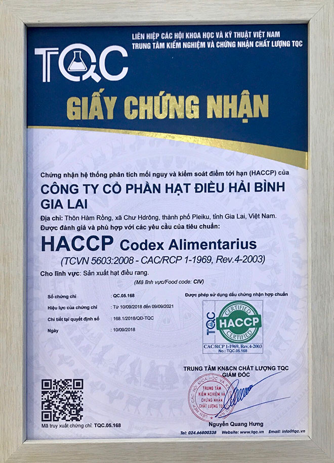 Hạt Điều Hải Bình Gia Lai đạt chứng nhận HACCP do Trung tâm TQC cấp - 3