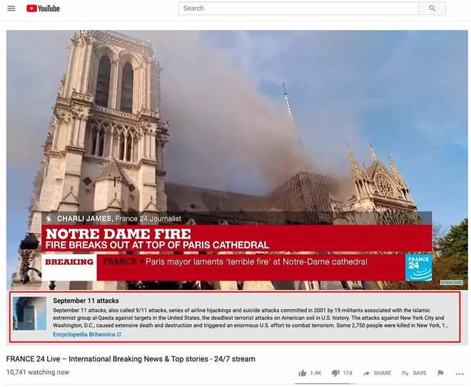 Người dùng choáng váng vì YouTube nhầm vụ cháy Nhà thờ Đức Bà Paris là khủng bố 11/9 - 1