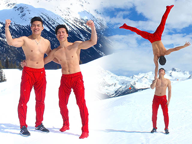 Giải trí - Quốc Cơ, Quốc Nghiệp cởi trần diễn xiếc dưới cái lạnh -10 độ C tại Canada