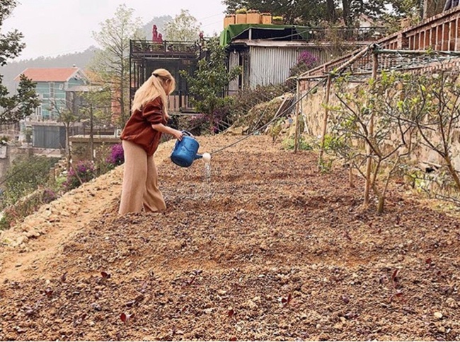 Hoàng Thùy Linh đi tưới rau giúp cha mẹ khi về quê ở Tam Đảo (Vĩnh Phúc). Đây là vườn rau nhỏ xinh do chính bố mẹ cô trồng.