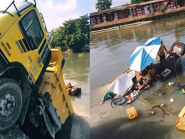 Tin tức ô tô - Cú va chạm "khó hiểu", xe ben đâm ngược đằng đuôi lao xuống sông làm chìm ghe bán hàng