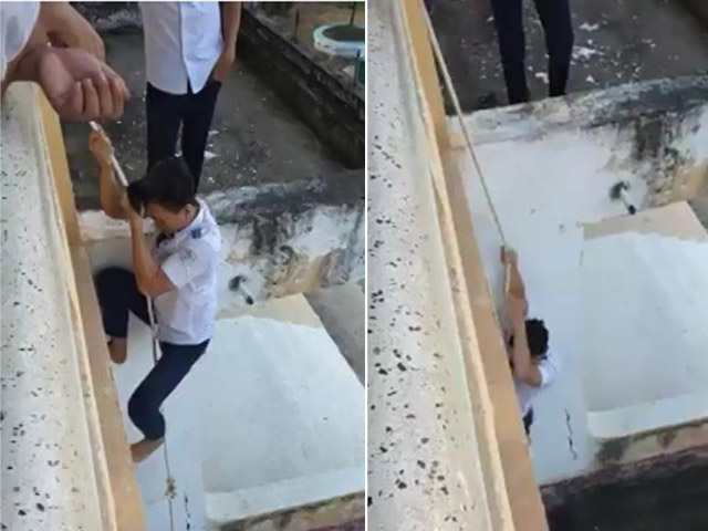Bạn trẻ - Cuộc sống - Chán đi cầu thang, nam sinh mạo hiểm đu dây ngoài ban công