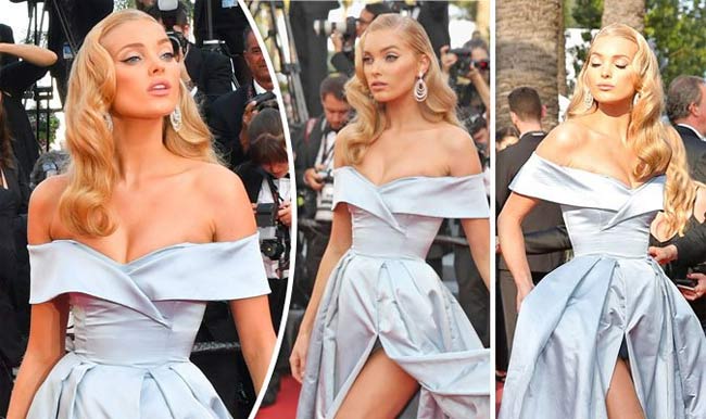 Thiên thần Thuỵ Điển Elsa Hosk cũng gặp tình huống tương tự với chiếc váy vạt xẻ cao tại Cannes.