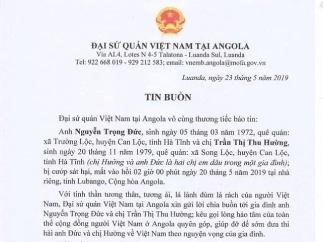Pháp luật - Hai chị em dâu người Việt bị cướp sát hại tại Angola