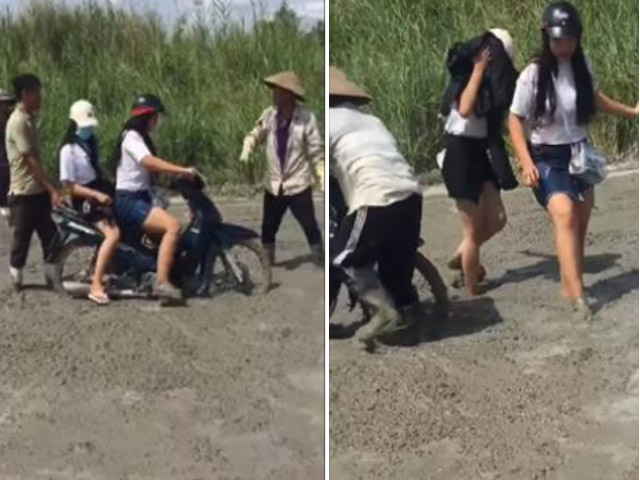 Bạn trẻ - Cuộc sống - Đường đang đổ bê tông, hai cô gái lao vào đi như chốn không người