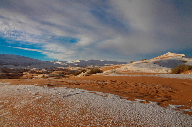 Tuyết tạo nên sự tương phản tuyệt đẹp với những cồn cát đỏ của sa mạc Sahara.