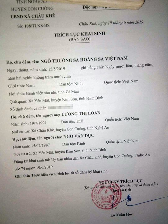 Xôn xao cặp vợ chồng xứ Nghệ đặt tên con là “Trường Sa Hoàng Sa Việt Nam” - 1