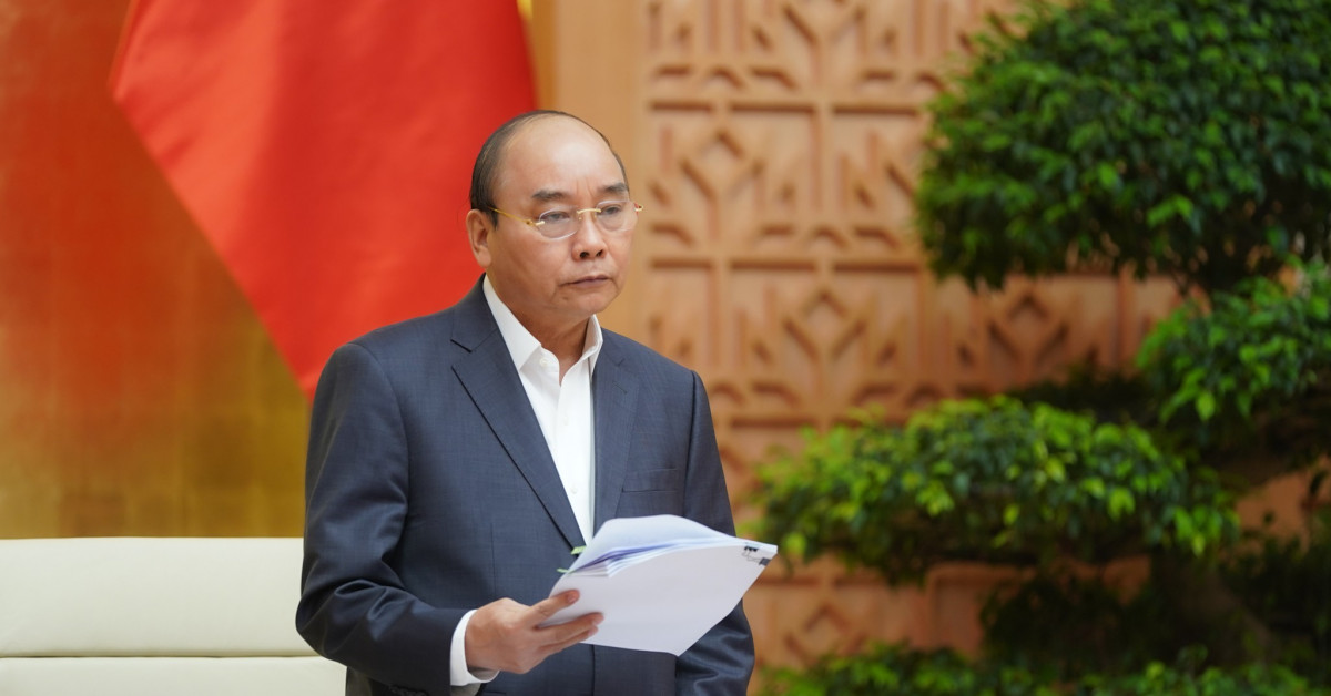 Thủ tướng Nguyễn Xuân Phúc tại phiên họp Chính phủ sáng nay, 1-4. Ảnh: VGP