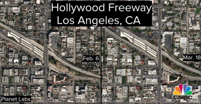 Hình ảnh từ vệ tinh cho thấy lưu lượng giao thông giảm đáng kể tại các tuyến đường huyết mạch ở Los Angeles trong ngày 18/3 so với ngày 6/2.