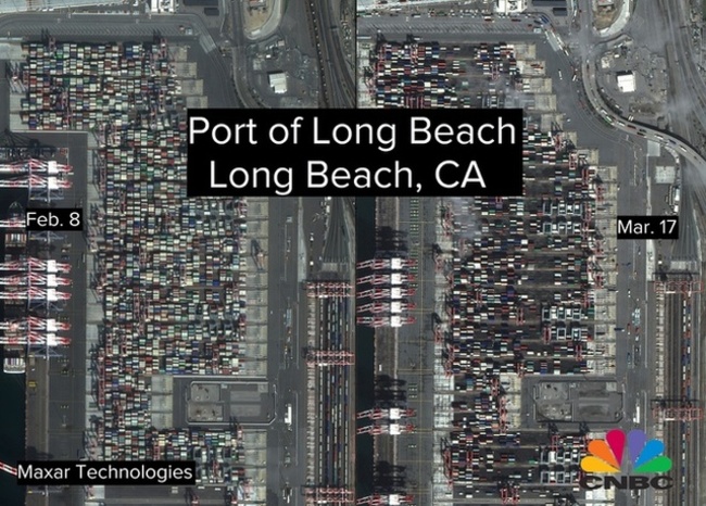 Cảng Long Beach có lưu lượng container lưu chuyển giảm rõ rệt trong ngày 17/3 so với ngày 8/2. Dữ liệu từ Factet cho biết lượng hàng nhập khẩu qua cảng trong tháng 2 giảm gần 20% so với tháng trước.