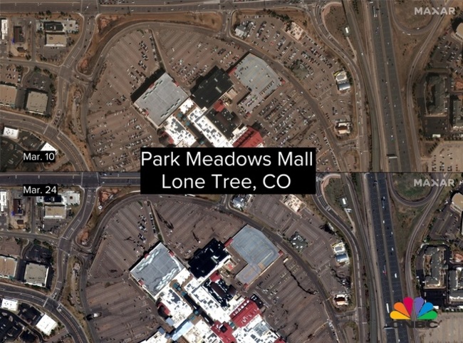 Bãi đỗ xe bên ngoài trung tâm mua sắm Park Meadows Mall Lone Tree &#40;Colorado&#41; rất vắng vẻ hôm 24/3.