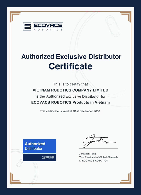 Giấy chứng nhận nhà phân phối độc quyền của Vietnam Robotics cho thương hiệu Ecovacs.